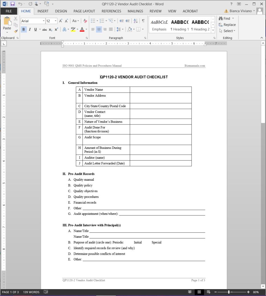 Iso Audit Checklist Template